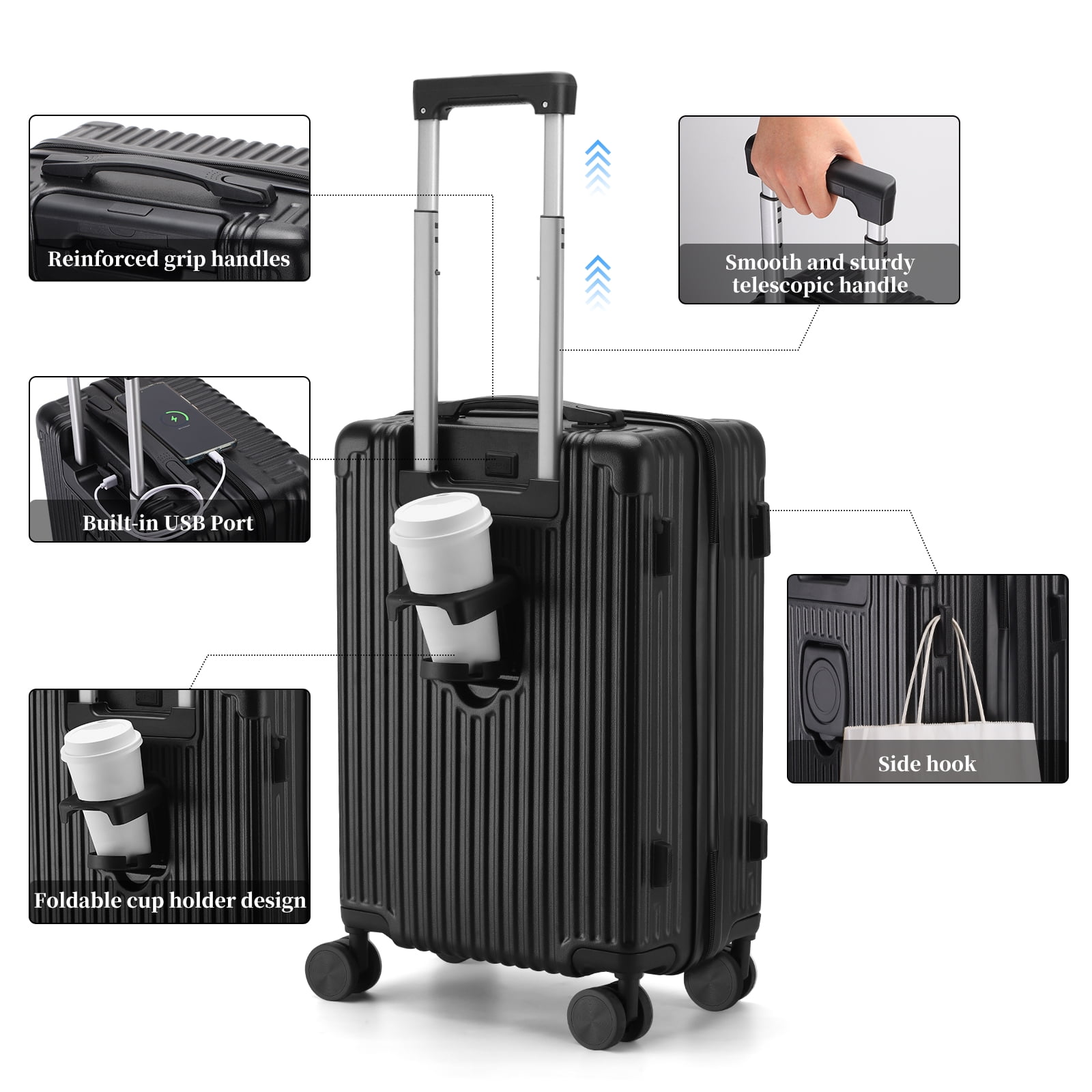 3 Piece Hardside Luggage Set, Hardshell Lightweight Suitcase with Duffel Bag, Double Spinner Wheels, USB Port, Cup Holder, TSA Lock ,Side Hook 20in24in28in.(Black)