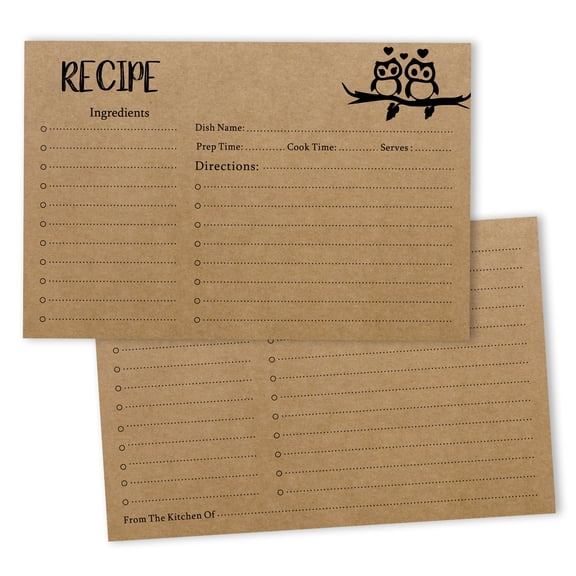 Inkdotpot 4x6 Inch Recipe Cards (Set of 50) , Thick Double Sided Premium Card Stock- Modern Style Kraft Recipe Notecards for Weddings- Bridal- Baby Shower - owl Theme