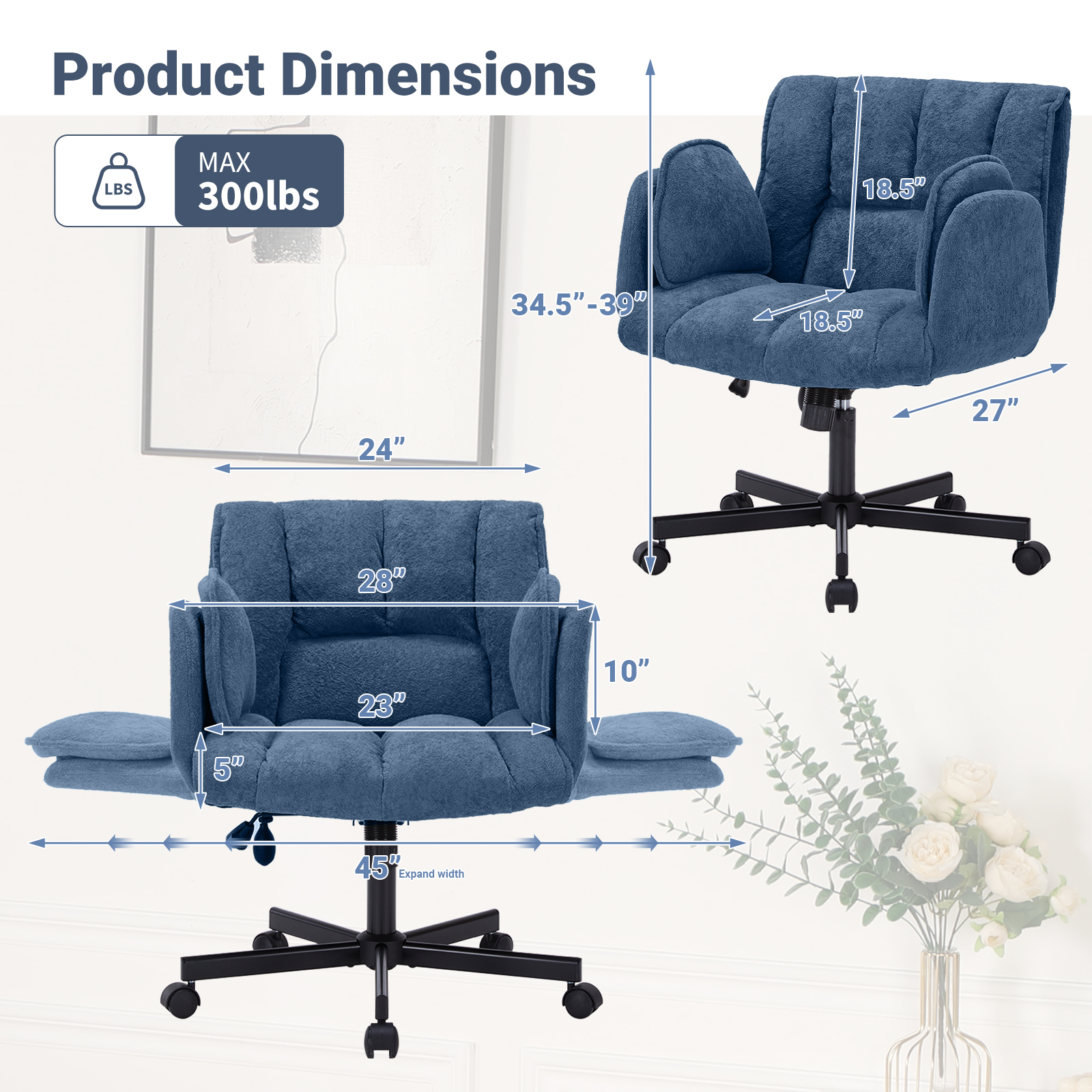 Criss Cross Office Chair with 6-Level Folding Arms and Wheels, Ergonomic Fabric Cross Legged Chair with Dynamic Lumbar Support, Plus Size Swivel Vanity Chair for Home Office, Living Room, Makeup
