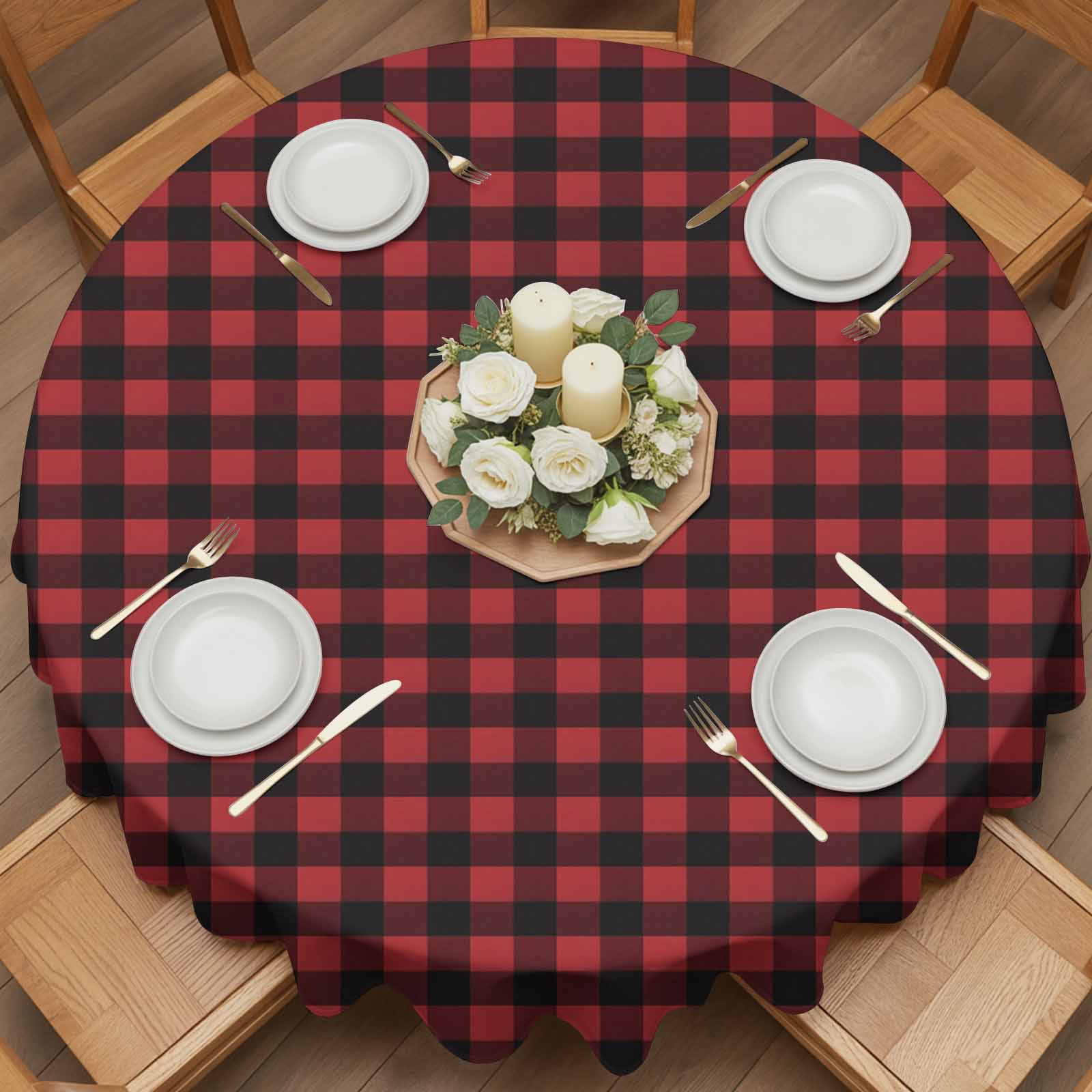 Round Tablecloth Rustic Red Black Buffalo Check Plaid Pattern Waterproof Oil Proof Polyester Table Cloth Cover Decor for Home Dining Outdoor,Patio,Parties, 60" Dia. Christmas