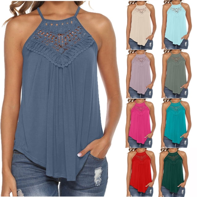 Ashirexll Débardeurs Sans Manches pour Femmes Couleur Unie Décontractés à Lacets Débardeurs à Encolure Ronde Ajourée Blouses.