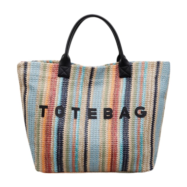 Bolso tote ligero con estampado de letras a rayas, ideal para vacaciones, ciudad, verano y negocios. Negro