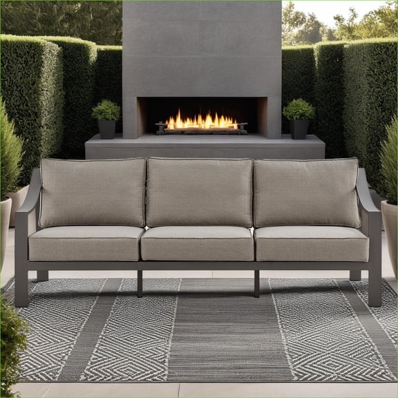 Outdoor Sofa | Modern 84 Inch All-Weather Aluminum Sofa for Patio & Balcony | Tan Brown | Brown | Fabric Metal