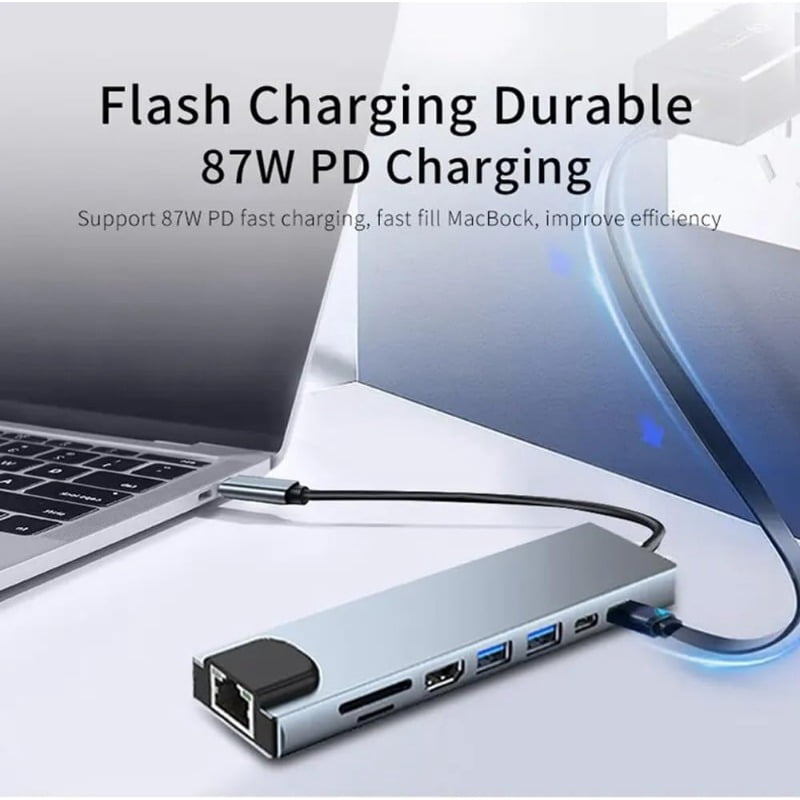 Generic USB 8 in 1 Type C 3 1 to 4k Hd Hub Adapter with Sd Tf Rj45 Card Reader Pd Fast Charge for Macbook Notebook Computer, Silver