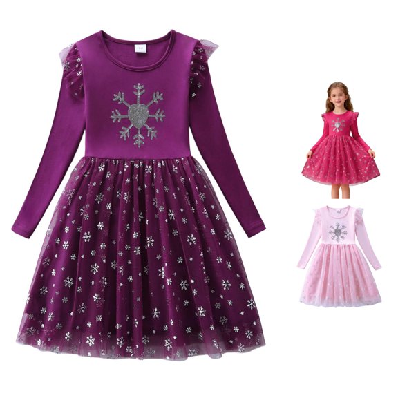 Girl Dress Long-sleeve Elegant Gown Airy Unique Fun Mesh Tulle for Winter and Party Dress Set