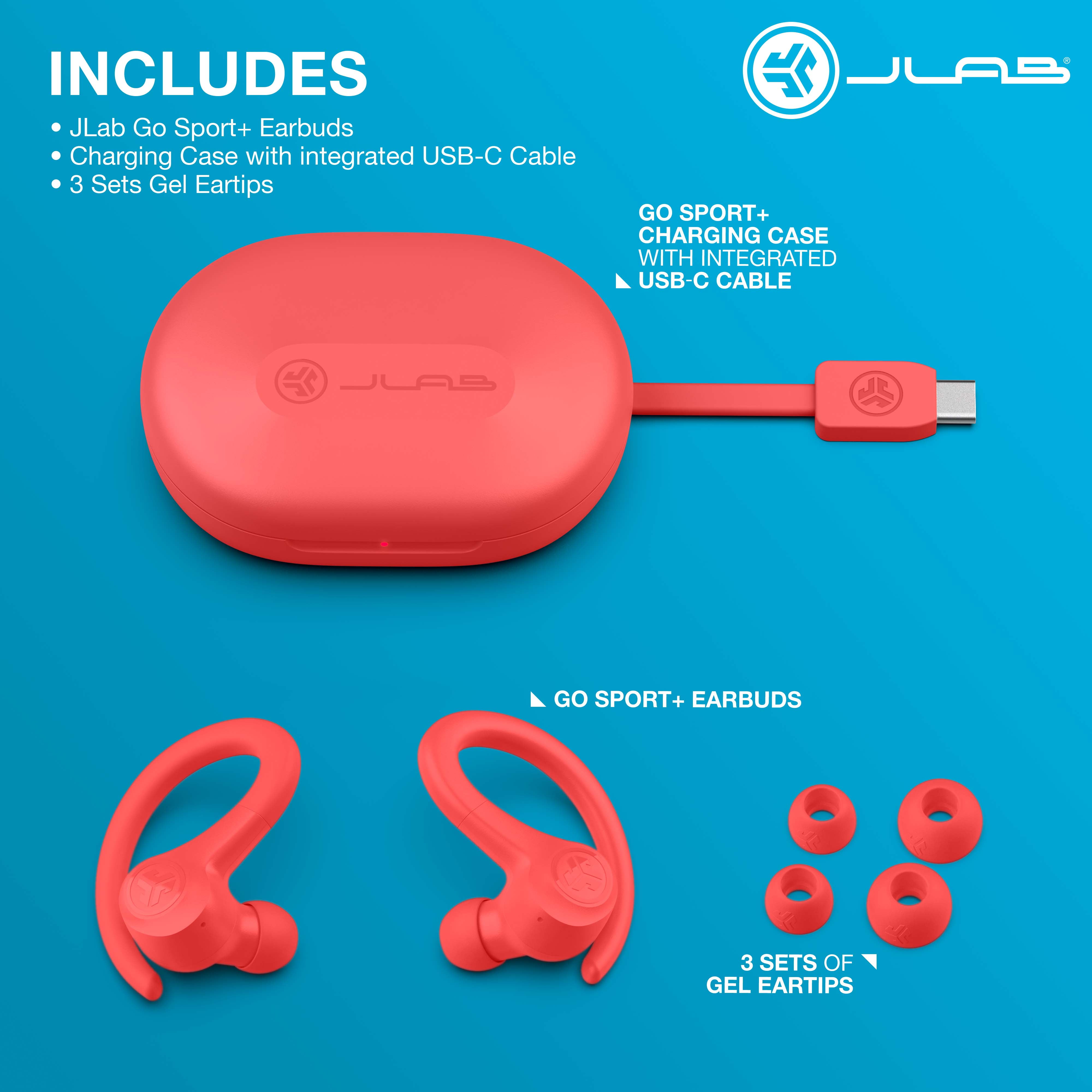 JLab Go Sport+ Wireless Workout Earbuds, 35 Hr Playtime, Secure Earhook, Custom Sound & Controls, Coral