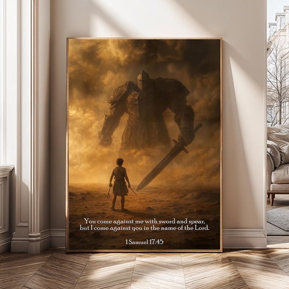 David and Goliath Christian Framed Canvas Wall Art Décor, Bible Verse Scripture Print, Inspirational Religious Wall Decor Gift
