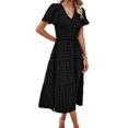 thumbnail image 2 of Women Sundress Summer Floral Short Sleeve Wrap V Neck A-Line Midi Dress Black L, 2 of 8