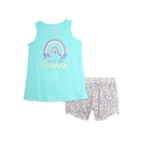 Sleep On It Girls’ Tank Top and Floral Short with Scrunchie, 2-Piece Pajama Set, Sizes 7-16