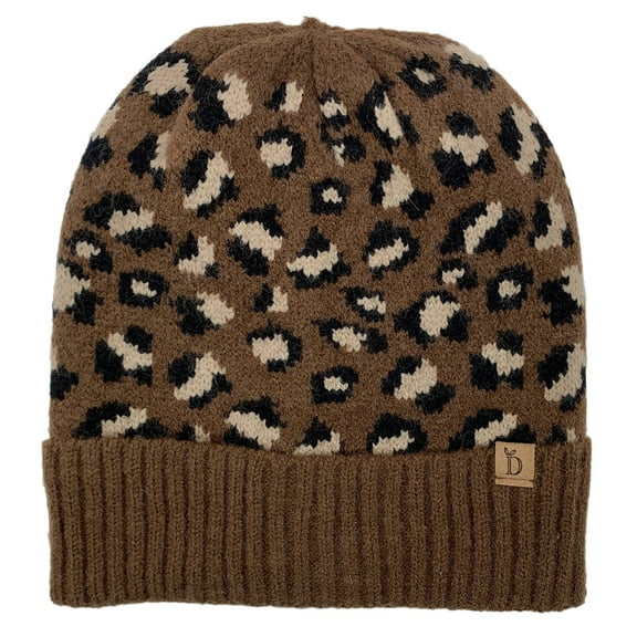 Empire Cove Winter Knit Ribbed Leopard Cuff Beanie - Brown