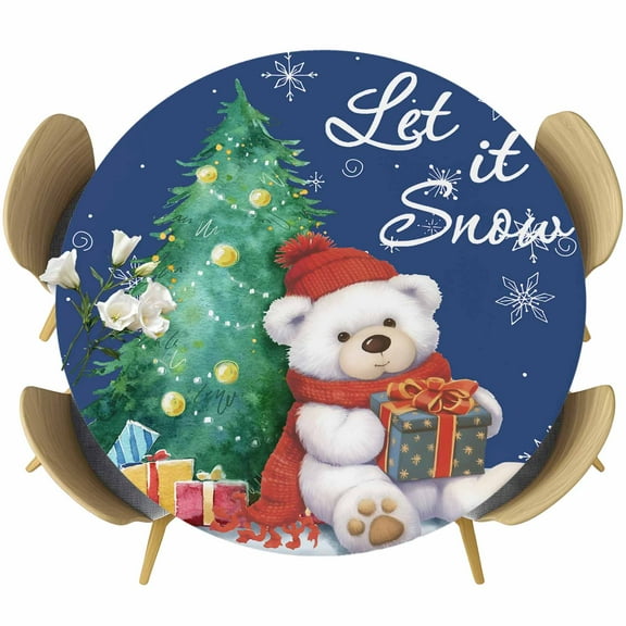 Blue Christmas Round Tablecloth 45-54 Inch Round Fitted Table Cloth with Elastic Edge, Xmas Tree Bear Snowflake Watercolor Waterproof Table Cover Protector for Outdoor Picnic Party Dining