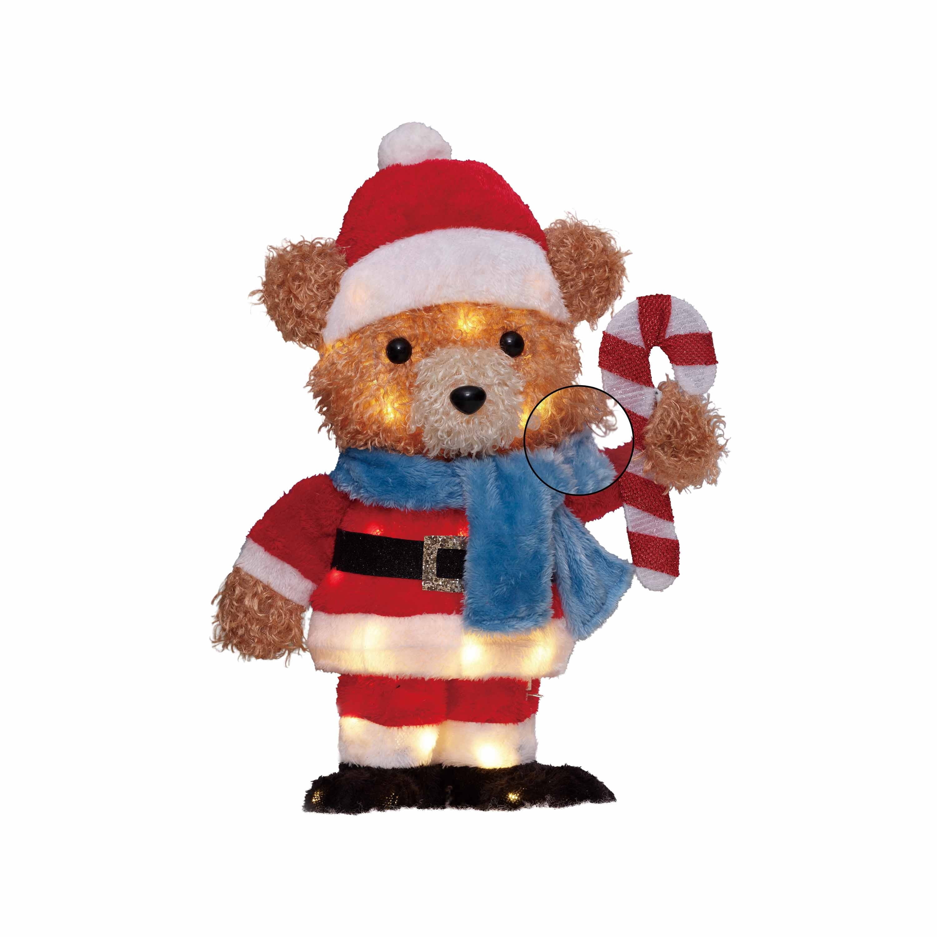Indoor/Outdoor Light-Up Plush Bear with Candy Cane Christmas Decoration with 30 LED Lights, Warm White, 18", by Holiday Time