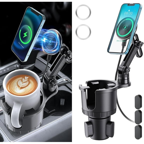 DIAMOOKY Magnetic Cup Holder Phone Mount for Magsafe Wireless Car Mount Charger 15W Cell Phone Stand with Adjustable Height for iPhone 12-16 Series