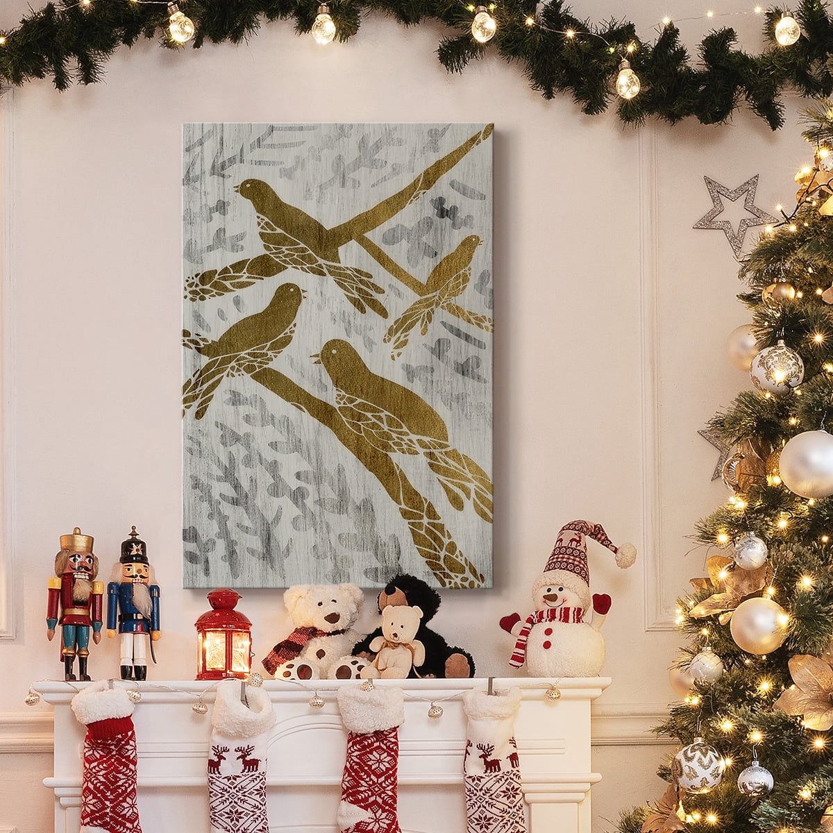 Four Calling Birds - Gold Leaf Holiday- Gallery Wrapped Canvas