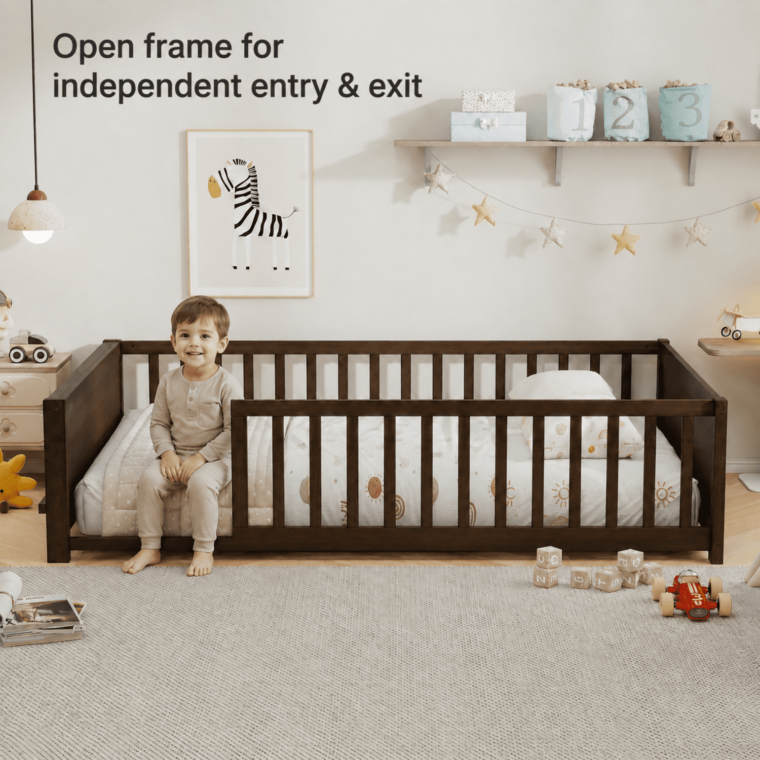 Miniyam Full Size Kids Floor Bed with Guardrails and Bookshelf, Wooden Low Profile Bed, Espresso