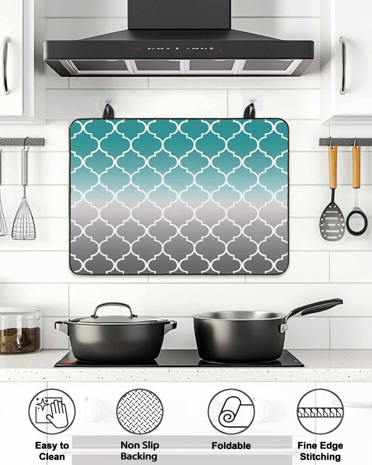 Stove Top Covers for Electric Stove, Teal Grey Ombre Morocco Pattern Glass Stovetop Cover Protector, Modern Moroccan Geometric Induction Cooktop Protector Oven Mat for Kitchen Countertop 24"x21"