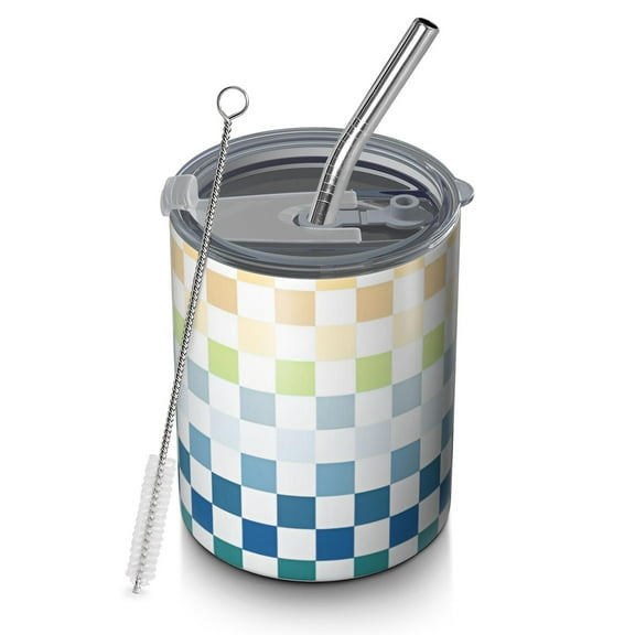 12oz Coffee Tumblers Colorful Gradient Checkerboard Checkered Pattern Stainless Steel Vacuum Insulated Travel Tumbler Coffee Cups Mug with Lid and Straw with Cleaning Brush for Cold & Hot Drinks
