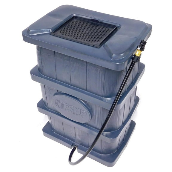 Slim Line Design 45-Gallon Wood Grain Outdoor Home Rain Water Catcher Flat Back Container with Spigots and Mesh Screen, Grey Gray