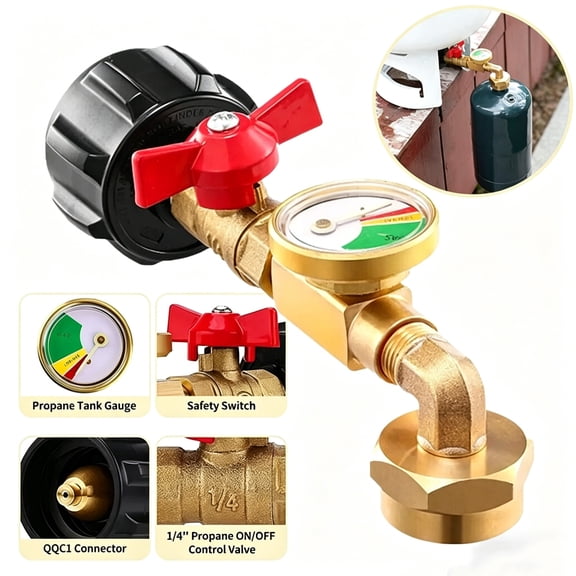 Propane Refill Adapter,Propane Refill Adapter for 1 Lb. Tanks,With Valve And Gauge,Propane Adapter 20lb to 1lb Converter,Fits QCC1 / Type1 Propane Tank,90-Degree Elbow Design,Solid Brass