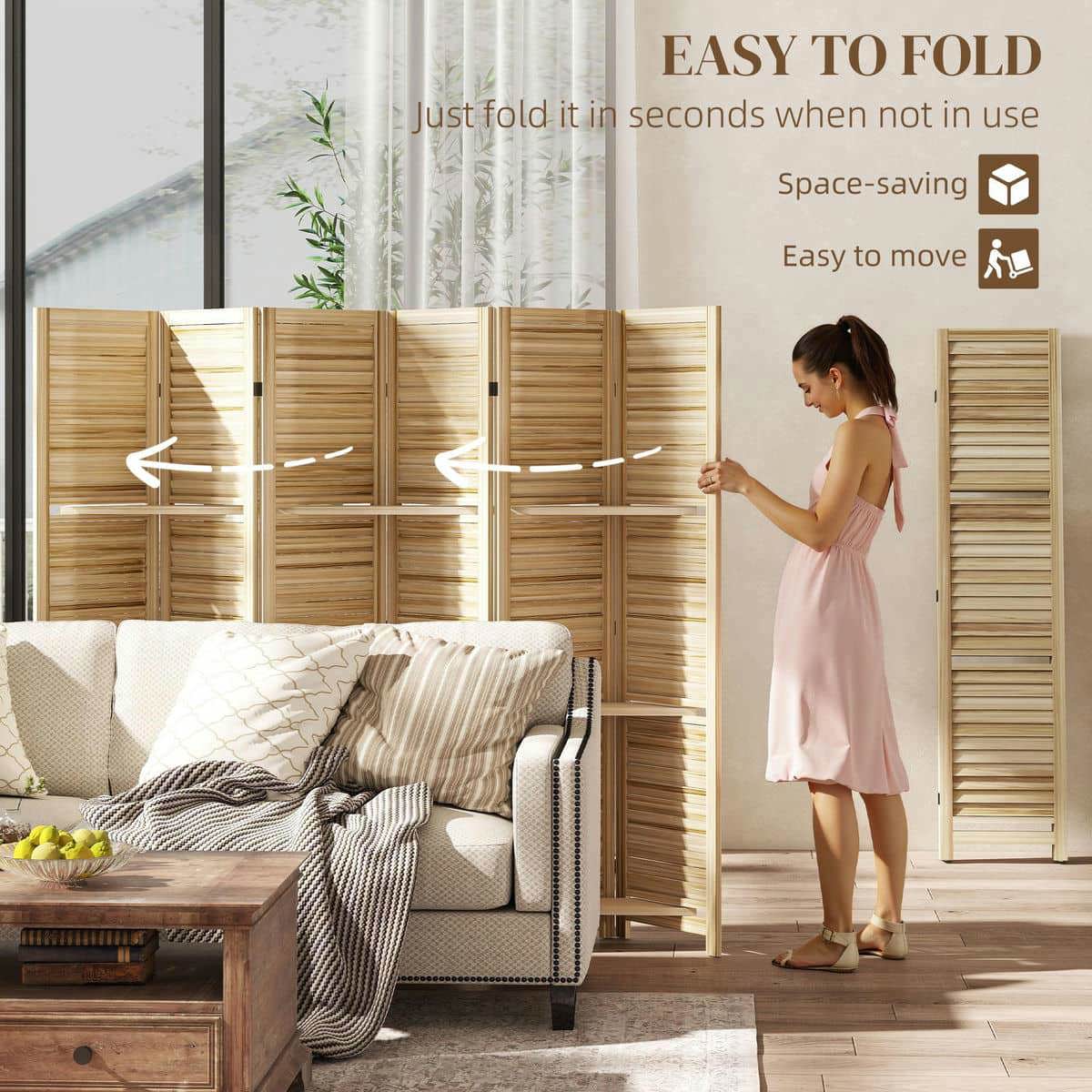 Spaco 6 Panel 67" Tall Wood Privacy Screen, Room Divider, Privacy Screen with 3 Shelves and Folding Storage for Indoor as Living Room, Bedroom, Natural