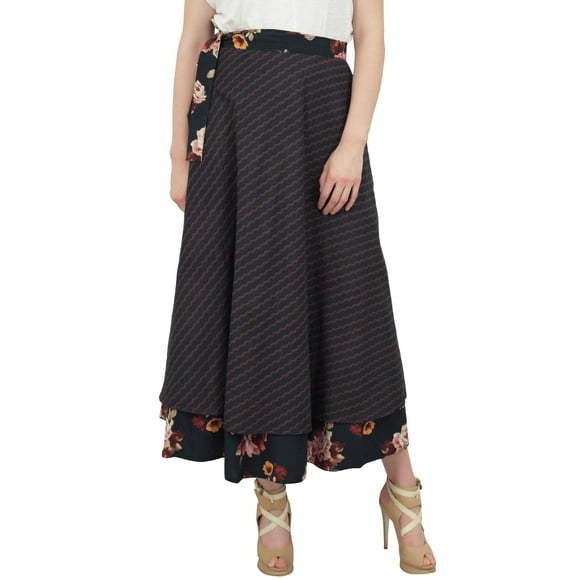 Phagun Summer Wear Floral Printed Cotton Black Two Layer Reversible Wrap Skirt