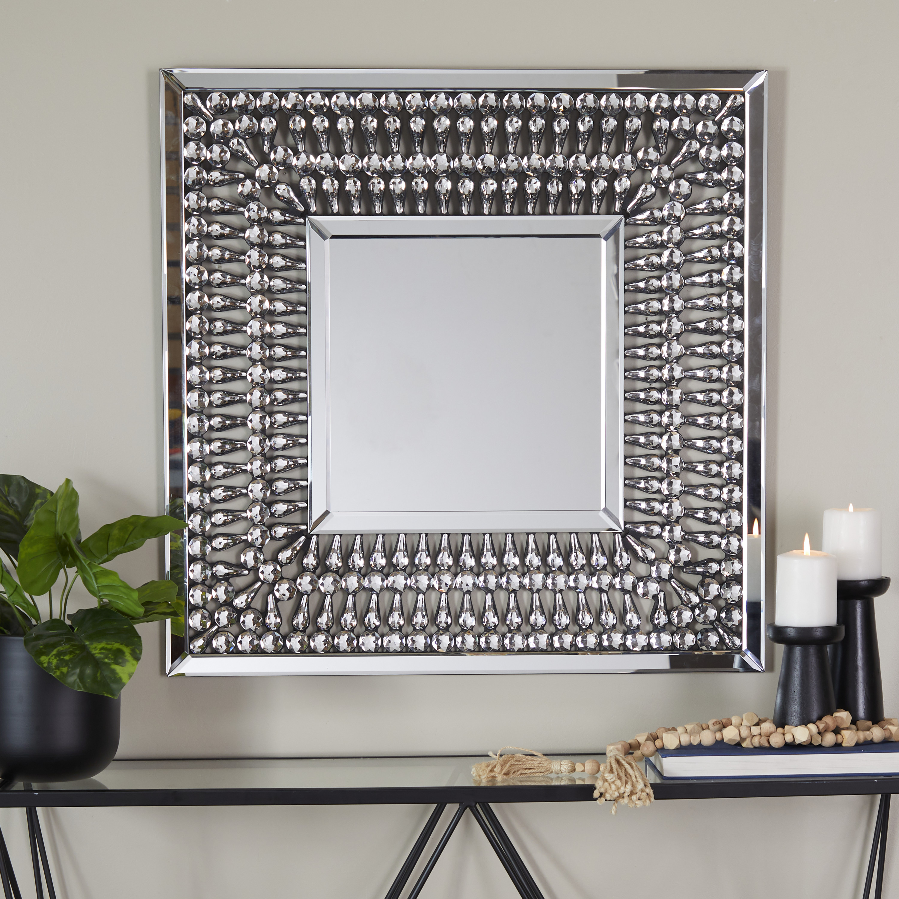 DecMode 32" x 32" Silver Wall Mirror with Crystal Embellishment