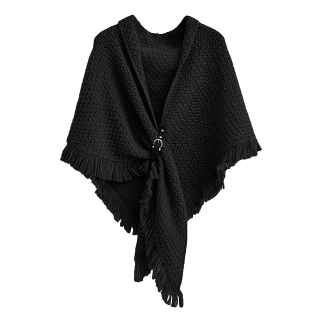 Breezora Châle triangle Noir Uni pour Femme avec Tricot Texturé et Bordure à Franges. Léger, Coupe-Vent et Polyvalent, Ce cardigan Cape Est Idéal pour Superposer à l'Automne et au Printemps. Parfait pour les Sorties Décontractées, les Tenues de Bureau Ou les Événements en Soirée.