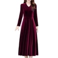thumbnail image 5 of comerut Women Dress Solid Color Soft Long Sleeves Round Neck Big Hem Warm Mid-calf Length Plus SIze Lady Prom Dress Female Garment, 5 of 8