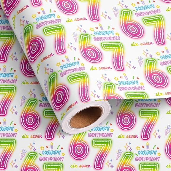 Gift Wrapping Paper 58"x 23" inchs ,67 Birthday Wrapping Paper Roll, Colorful Happy Birthday Letters with SIX SEVEN Design for Baby Shower, Party, Holiday