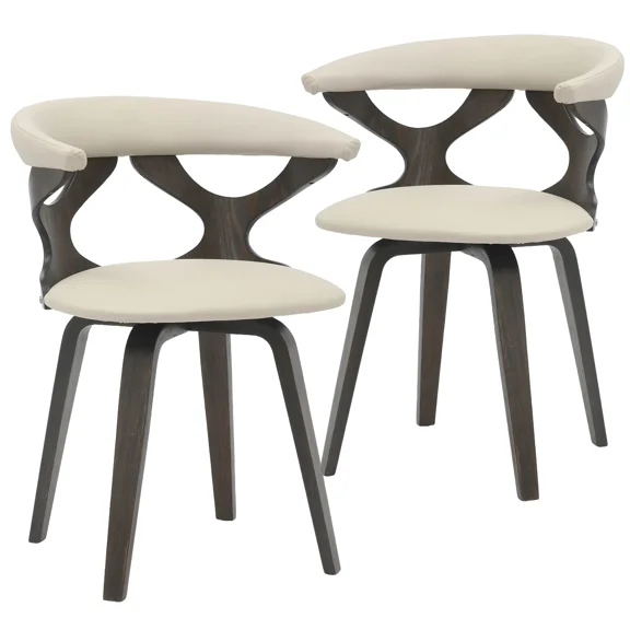 LeisureMod Klyne Leather Dining Chair with Poplar Wood Frame – Mid-Century Wooden Accent Chair with Swivel Base and Curved Open Back Side Chair for Kitchen or Dining Room Set of 2