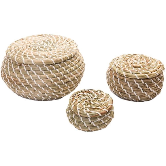 3 Pieces Woven Seagrass Basket Wicker Rattan Storage Baskets Round Box Picnic Baskets Laundry Baskets with Lid