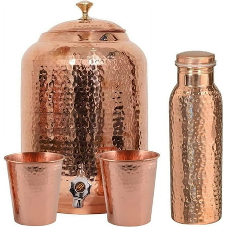 

Pure Copper Water Dispenser Pot Matka for Storing Water and Drinking Purposes with Tap Gift Set 5 Liter Tank 2 Bottle