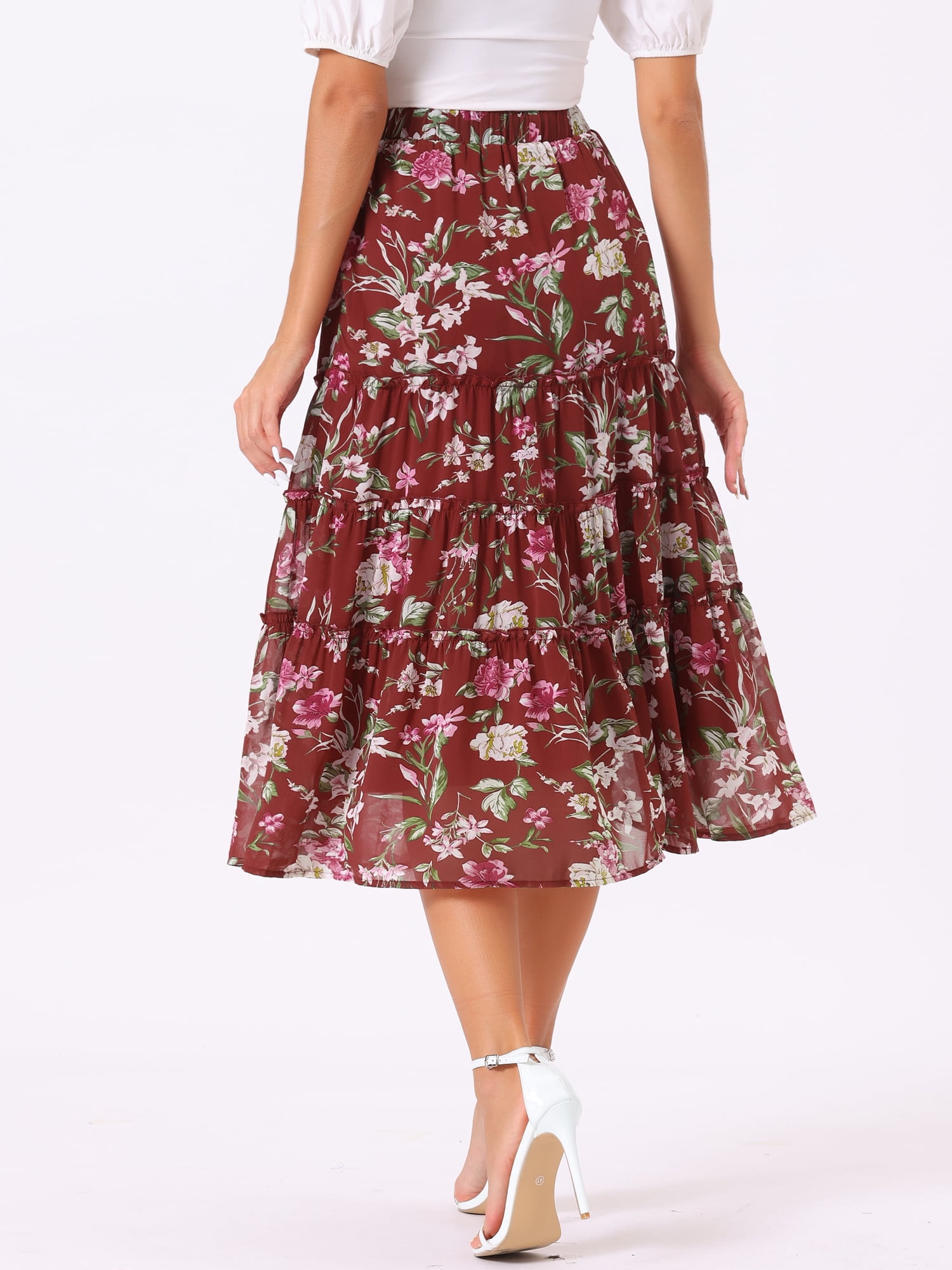 DARING DIVA Women's Chiffon Tiered A-Line Maxi Skirt M Burgundy