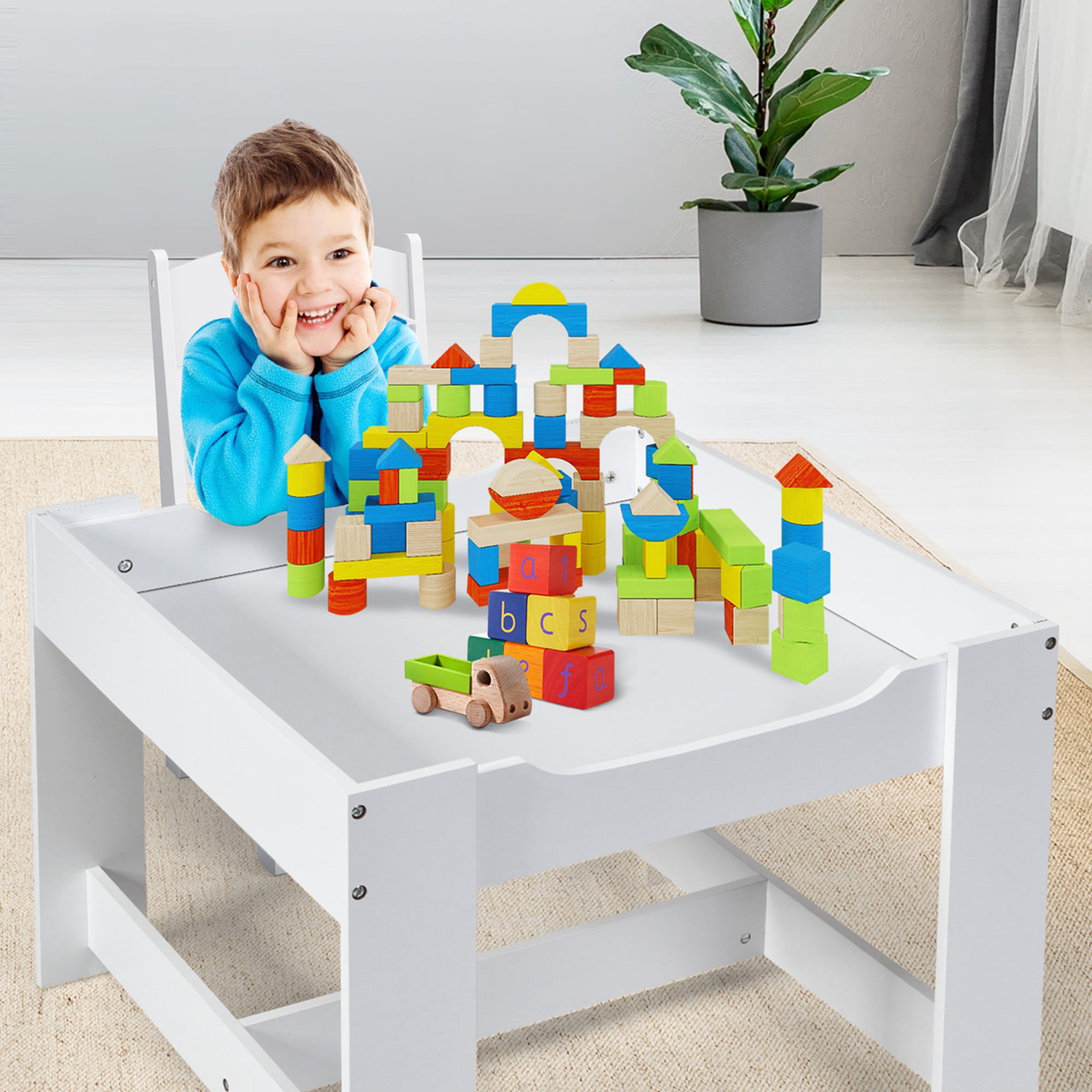 Costway Kids Table Chairs Set With Storage Boxes Blackboard Whiteboard Drawing Grey