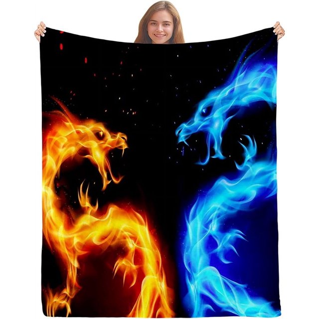 Manta de dragón de fuego azul y naranja, manta doble, manta negra, acogedora, cálida, ligera, mullida, de franela suave y esponjosa para cama, sofá, sofá, regalos de dragón para hombres, 60 x 80