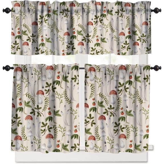 Mushroom Kitchen Curtains, Botanical Wild Herbs Leaves Valance Sets for Kitchen Windows, Mushroom Print Small Short Curtains Sets Window Treatments Valance for Kitchen Cafe, 54x24 Inch, 3 Piece