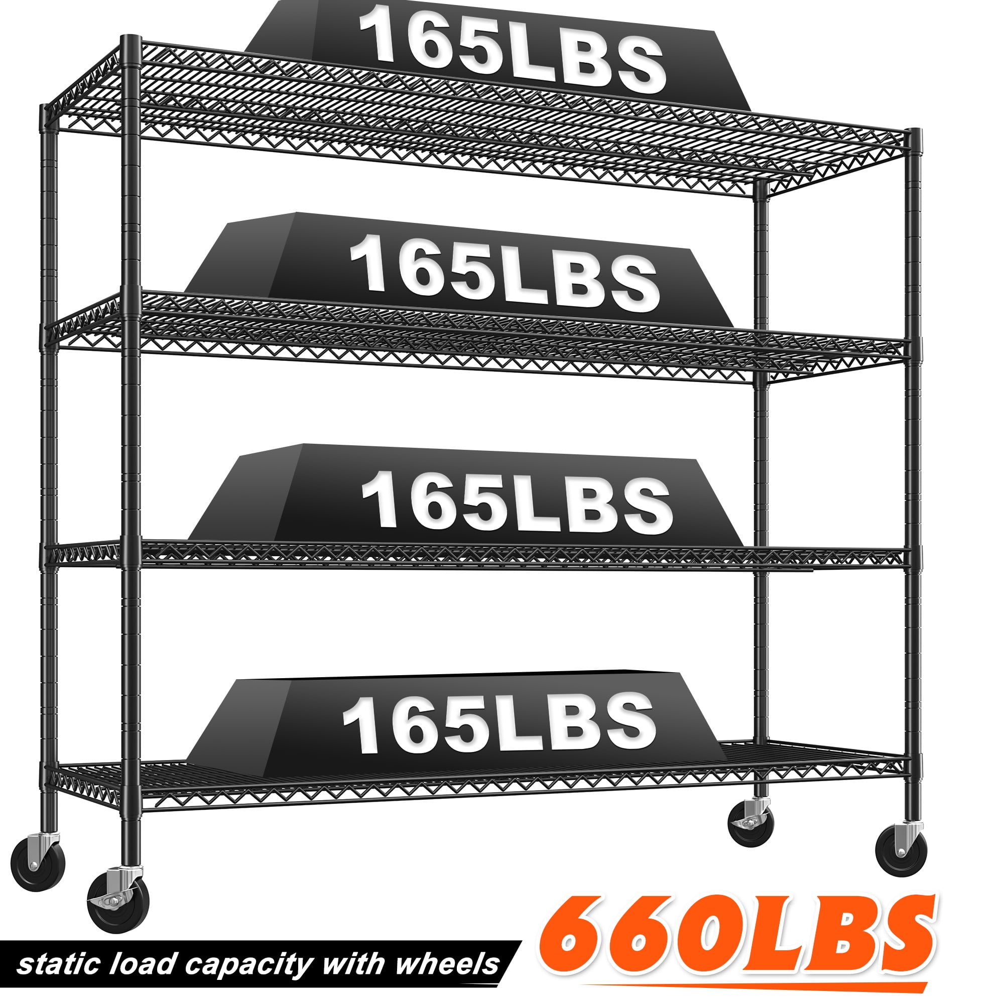 REIBII 60"W x 24"D x 65.3"H Wire Shelving 4 Shelf Storage Shelves with Wheels,2400lbs Total Capacity