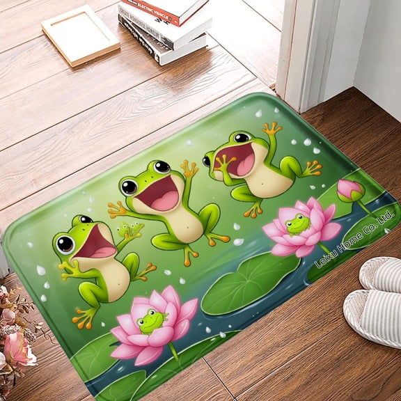 FJPT Non Slip Flannel Polyester Floor Mat With Cute Frogs And Lotus Design For Bathroom Kitchen Bedroom Decor 16x24 inch