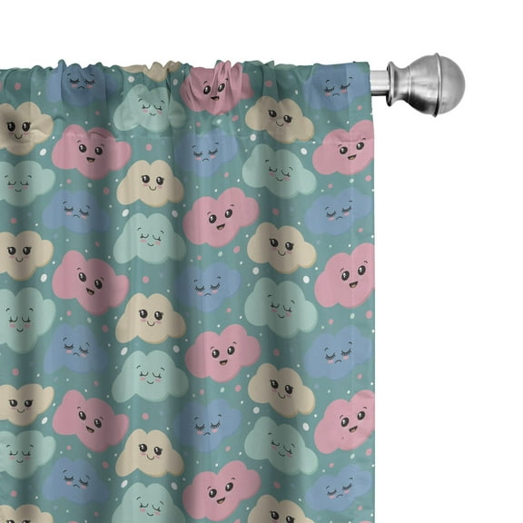Ambesonne Sky Window Curtains, Smiling Cloud Cartoon Artwork, Each 28" W x 84" L, Cadet Blue Pastel Pink