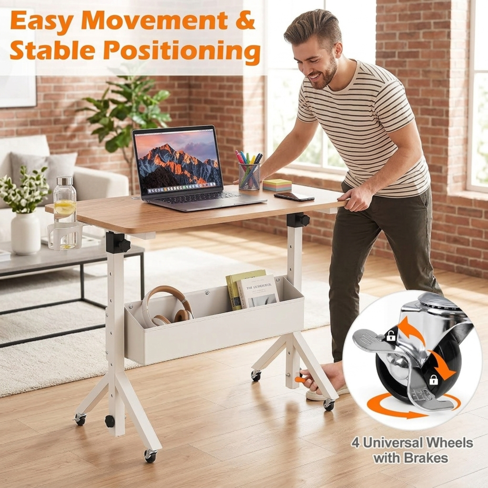 Furnibear Mobile Standing Desk and Height Adjustable Rolling Laptop Desk with Cup Holder Storage Basket and Lockable Wheels for Home Office, Natural