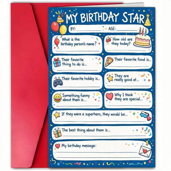 My Birthday Star Fill-in Birthday Card 6x8 Inch with Red Envelope, Interactive Personalized Birthday Card for Kids, Teens & Adults