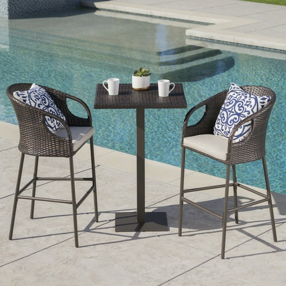 Edith Outdoor 3 Piece 40 in. Wicker Square Bar Set with Cushions, Multibrown, Light Brown