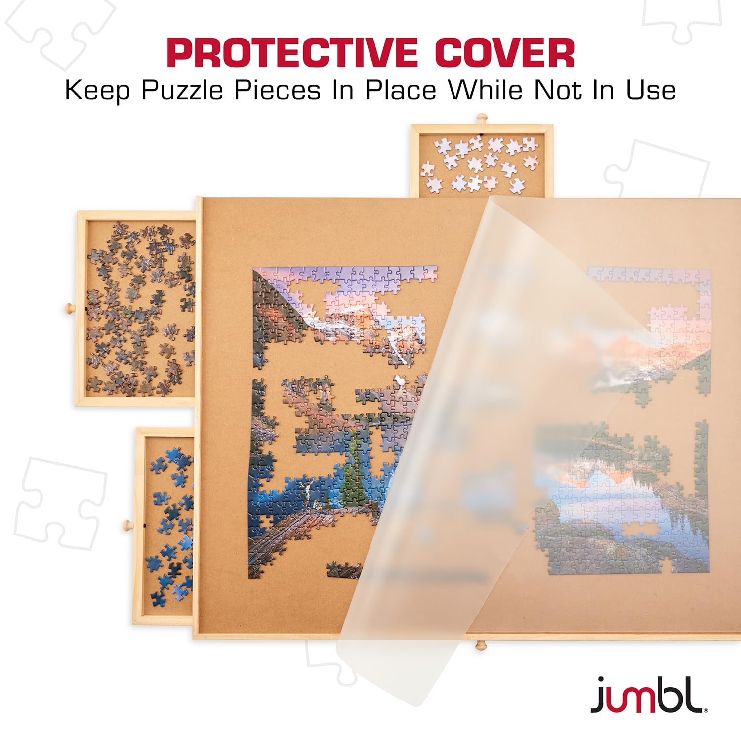 Jumbl 1500-Piece Puzzle Board with Drawers, Lazy Susan & Cover - Rotating Wooden Jigsaw Puzzle Table