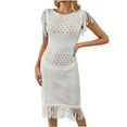 thumbnail image 2 of Diufon Knit Cotton Dresses for Women Solid Color Hem Fringe Dress Crewneck Cap Sleeve Hollow out Dress, 2 of 6