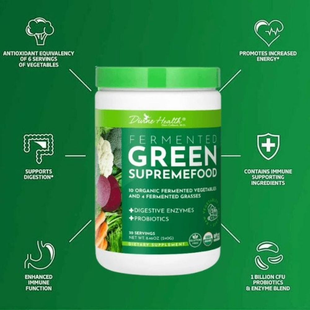 Dr. Colbert MD Fermented Green Supremefood | by Divine Health | 14 USDA Organic & Fermented Vegetables and Grasses | Probiotics | Enzymes | Apple Cinnamon Flavor | 30 Servings | 240g