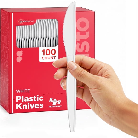 GUSTO Basic Plastic Knives Heavy Duty Disposable Cutlery, White 100-Pack
