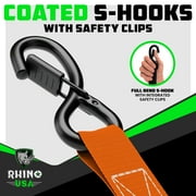 Rhino USA 1 x 15 Ratchet Strap Tie Down with Safety S Hooks- 1,823lb Break Strength - Orange 4 Pack
