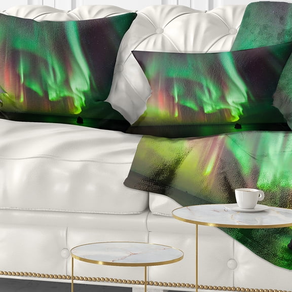 Designart Green Northern Lights Aurora - Abstract Throw Pillow - 12x20