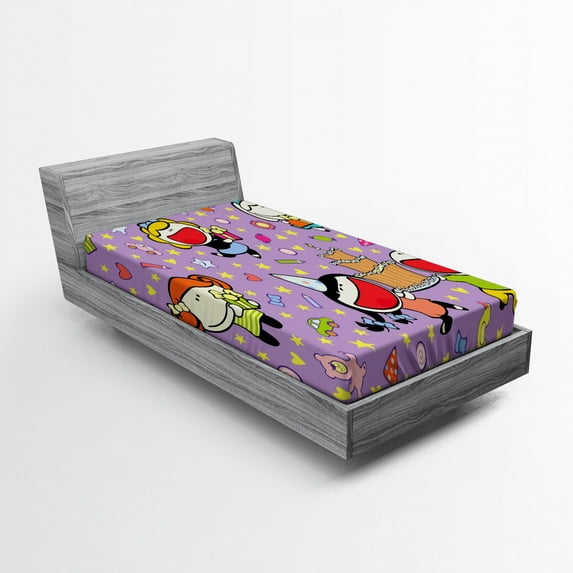 Birthday Fitted Sheet, Happy Children Tasty Cake Presents Bears Stars on Purple Colored Backdrop, Soft Decorative Fabric Bedding, Twin Size, Multicolor, by Ambesonne