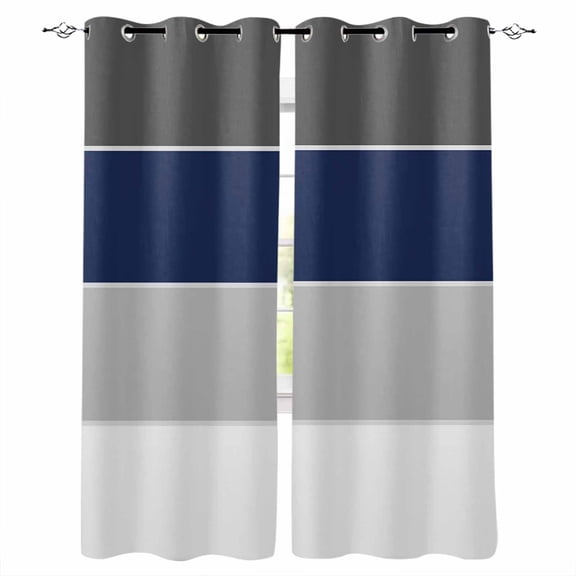 Blackout Curtains for Bedroom, Navy Blue Grey Striped Room Darkening Window Drapes for Living Room, Farmhouse Modern Thermal Insulated Grommet Curtains, 42x45 inch, 2 Panels